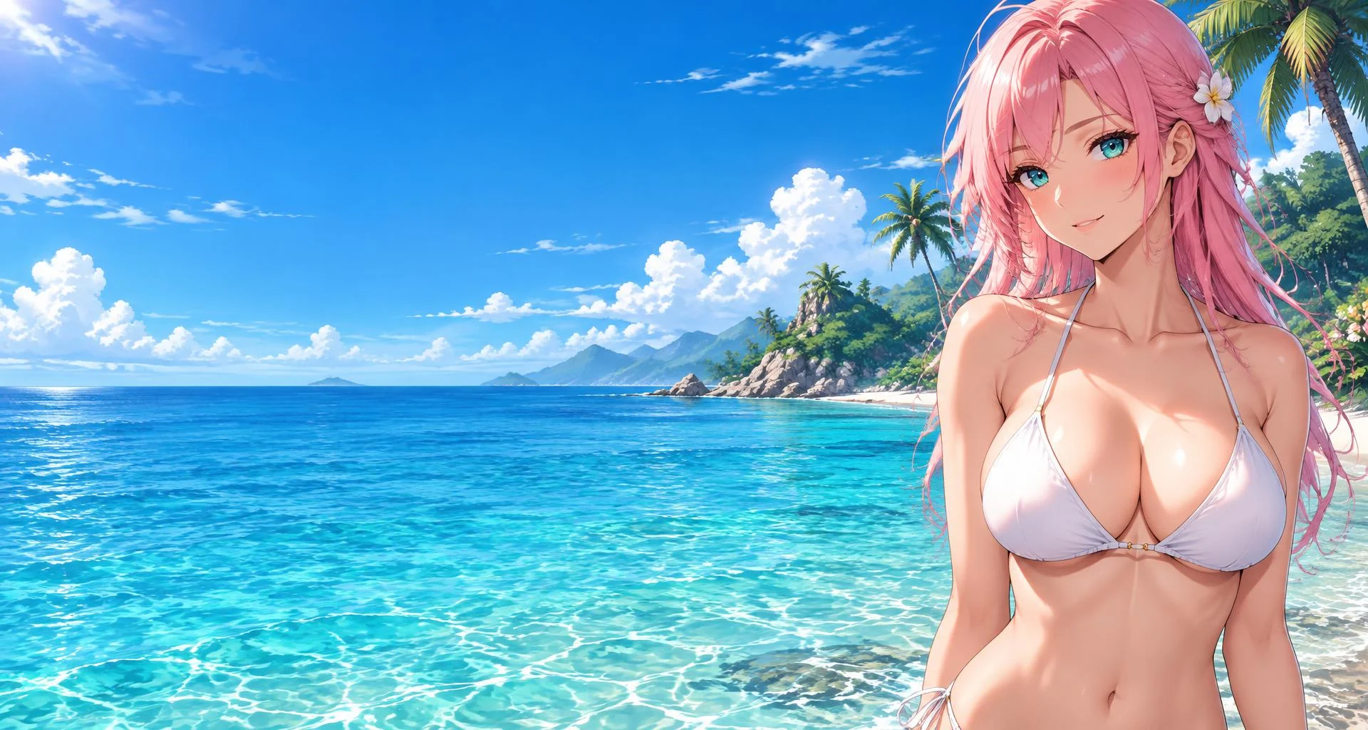 Aria, an adult anime companion, at a bright tropical beach
